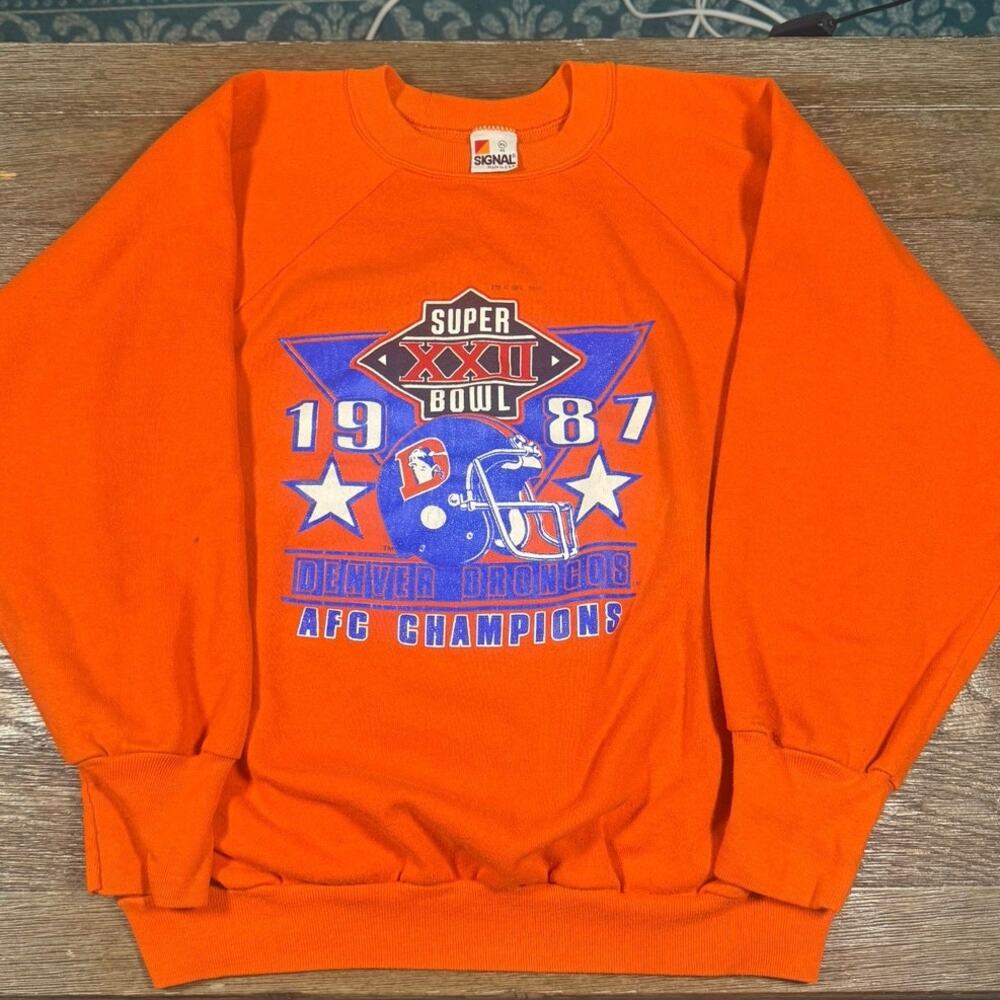 Rare VTG 1987 Denver Broncos SB XXII Single Stitch Crewneck Orange L/XL USA!